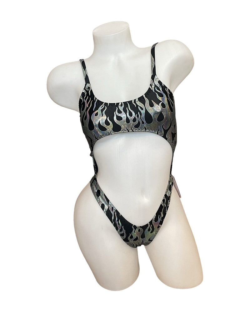 Bralette Top Thong Back Bodysuit Silver Flames - Model Express Vancouver