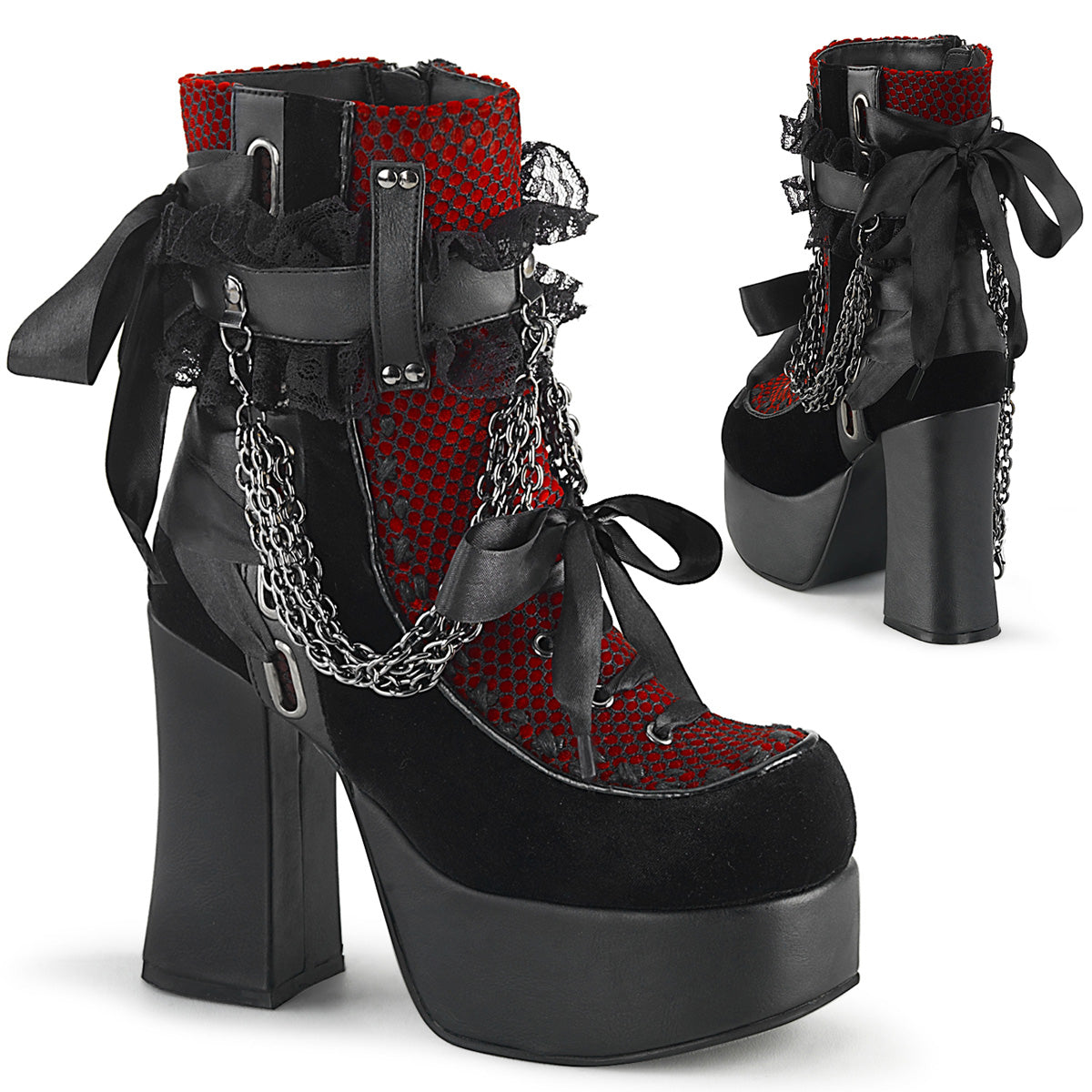 Demonia Charade-110 - Blk V. Le-Red-Blk Velvet-Fishnet Overlay