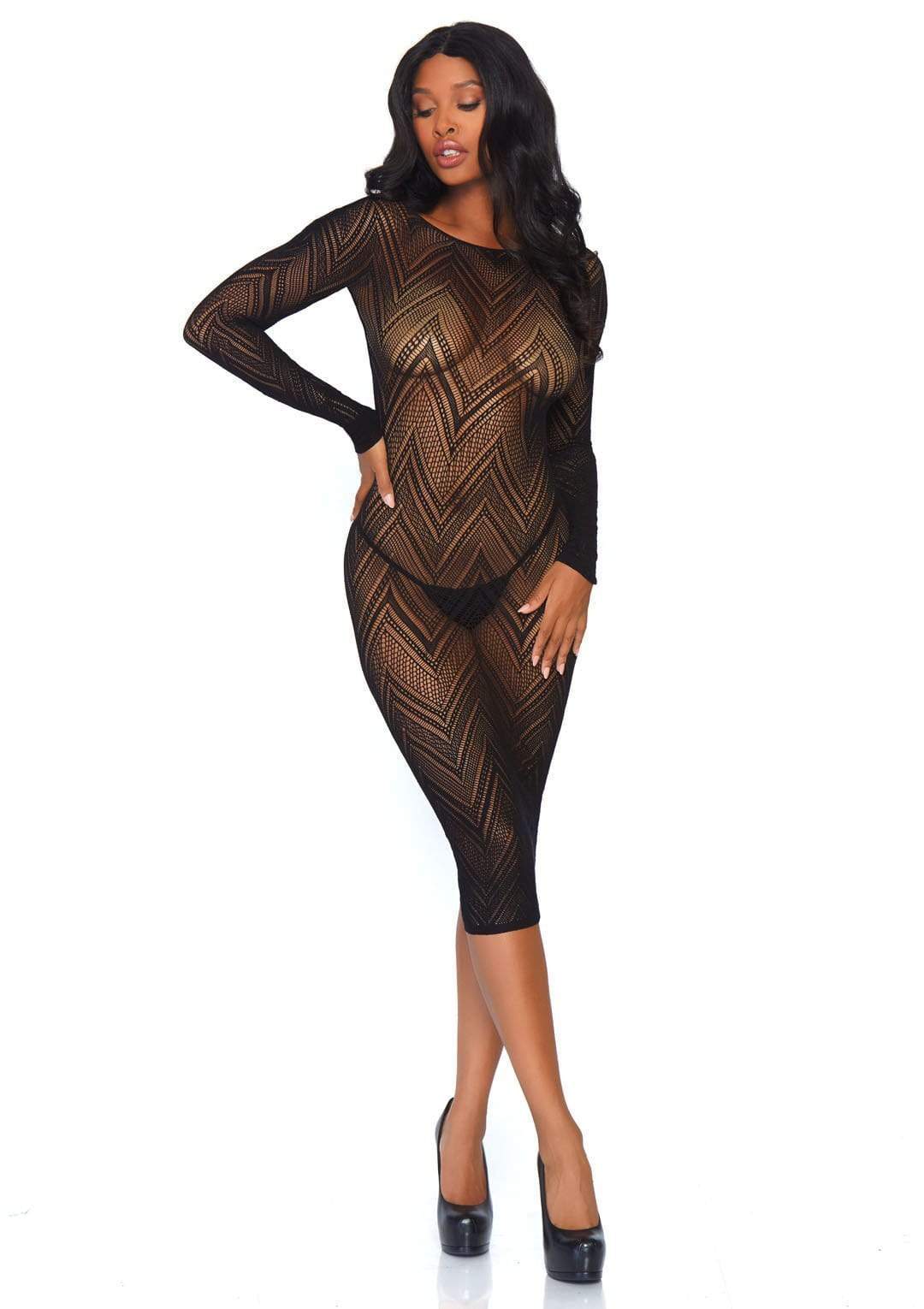 Chevron Net Long Sleeved Dress Black - Model Express VancouverLingerie