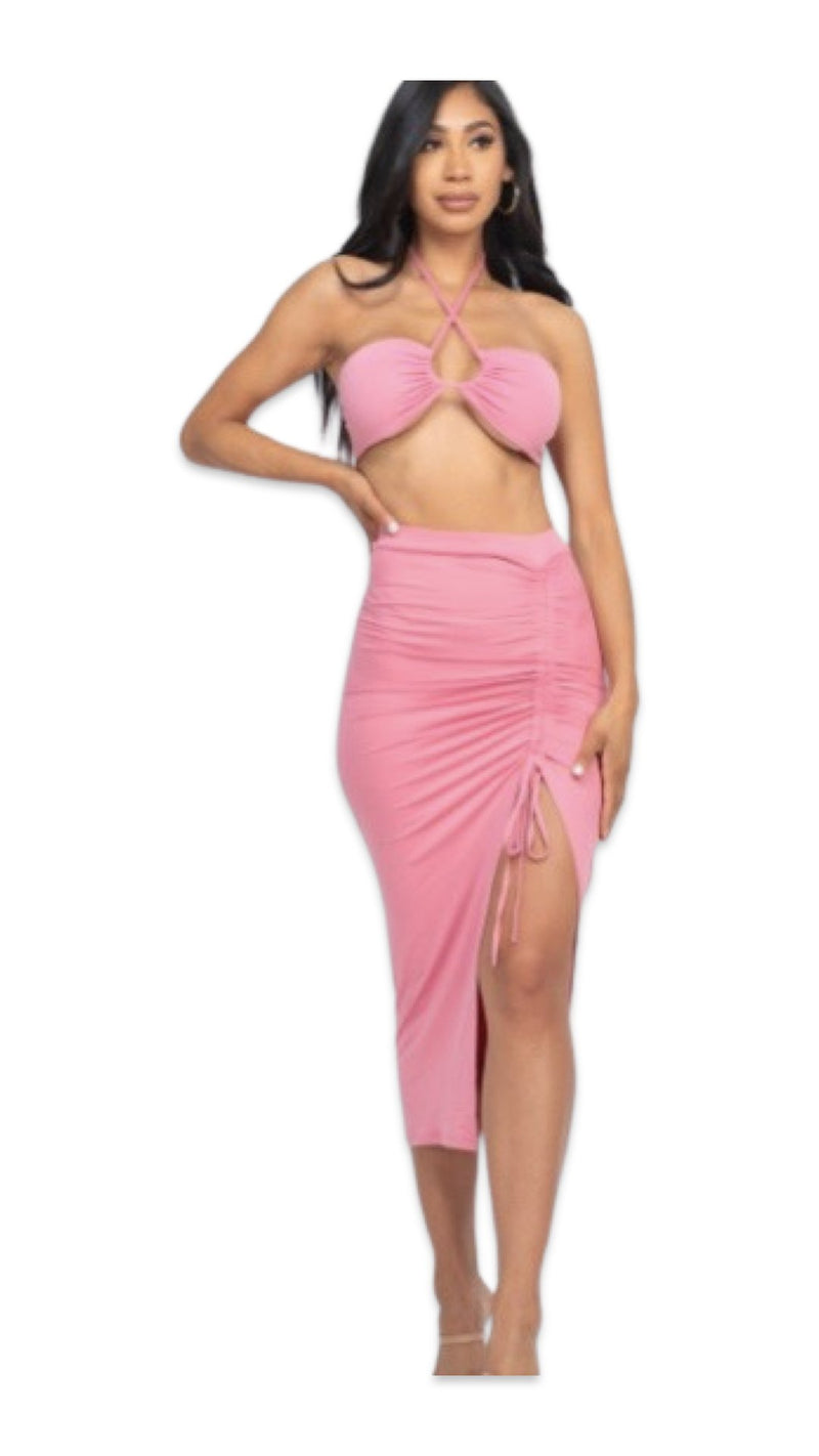 Criss Cross Halter and Skirt Set Pink - Model Express VancouverClothing
