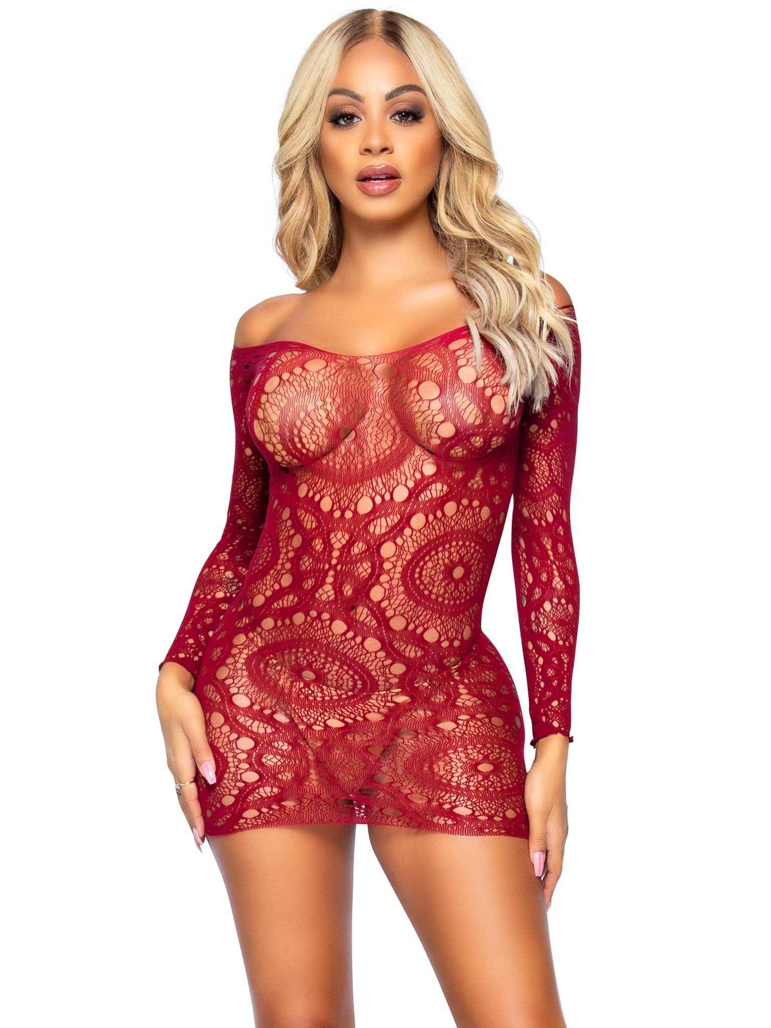 Crochet Lace Long Sleeved Mini Dress Red - Model Express VancouverLingerie