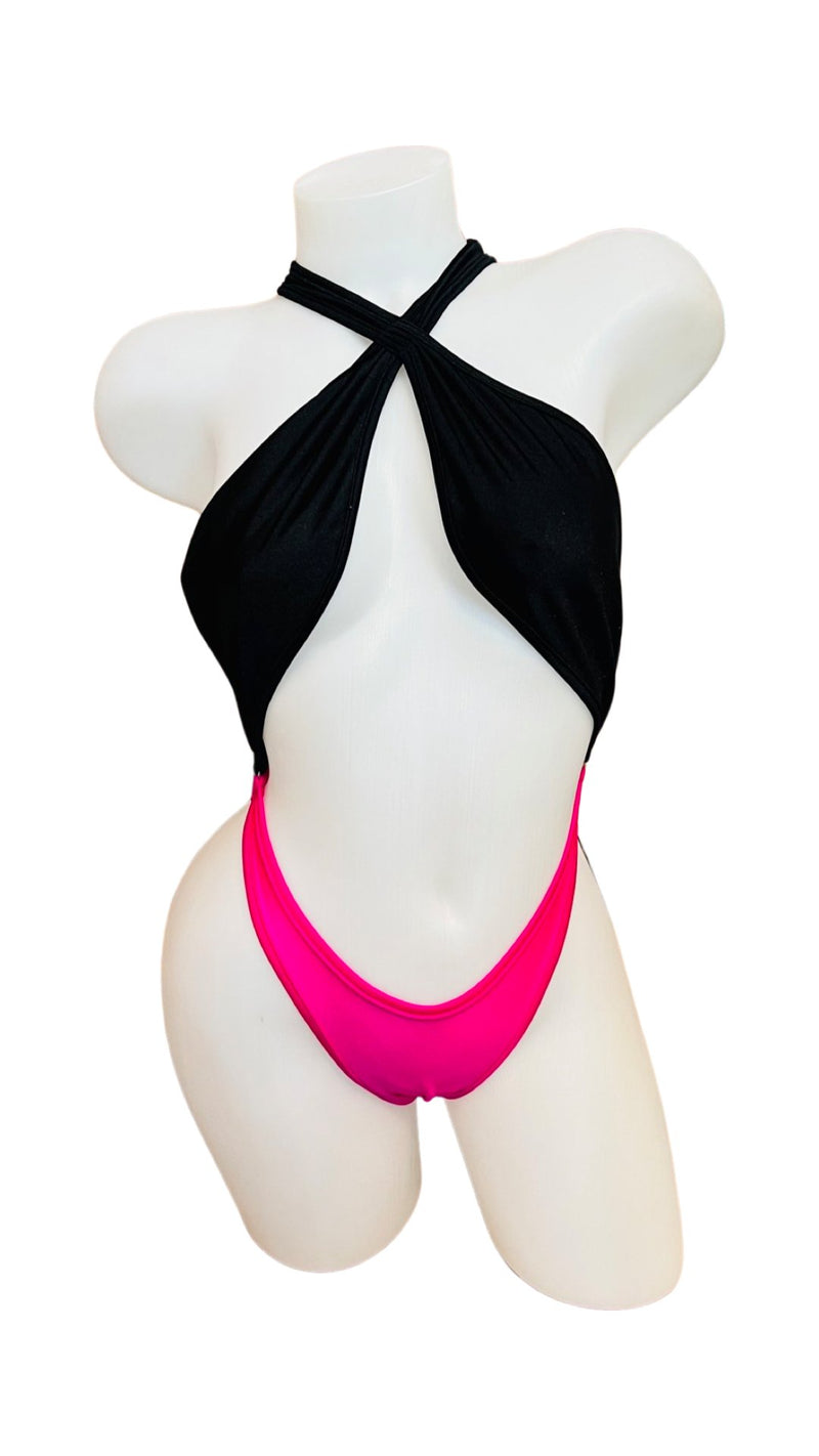 Cross Shoulder Bodysuit Black/Pink - Model Express VancouverBikini