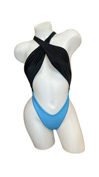 Cross Shoulder Bodysuit Black/Turquoise - Model Express VancouverBikini