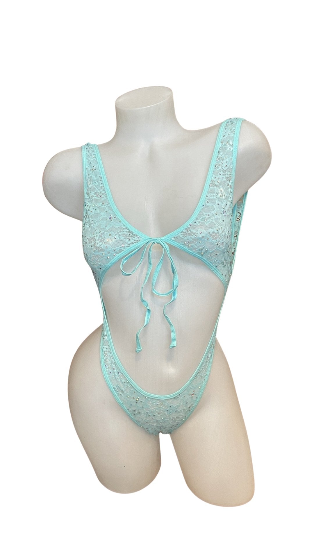 Crystal Lace Front Tie Bodysuit Aqua - Model Express VancouverLingerie