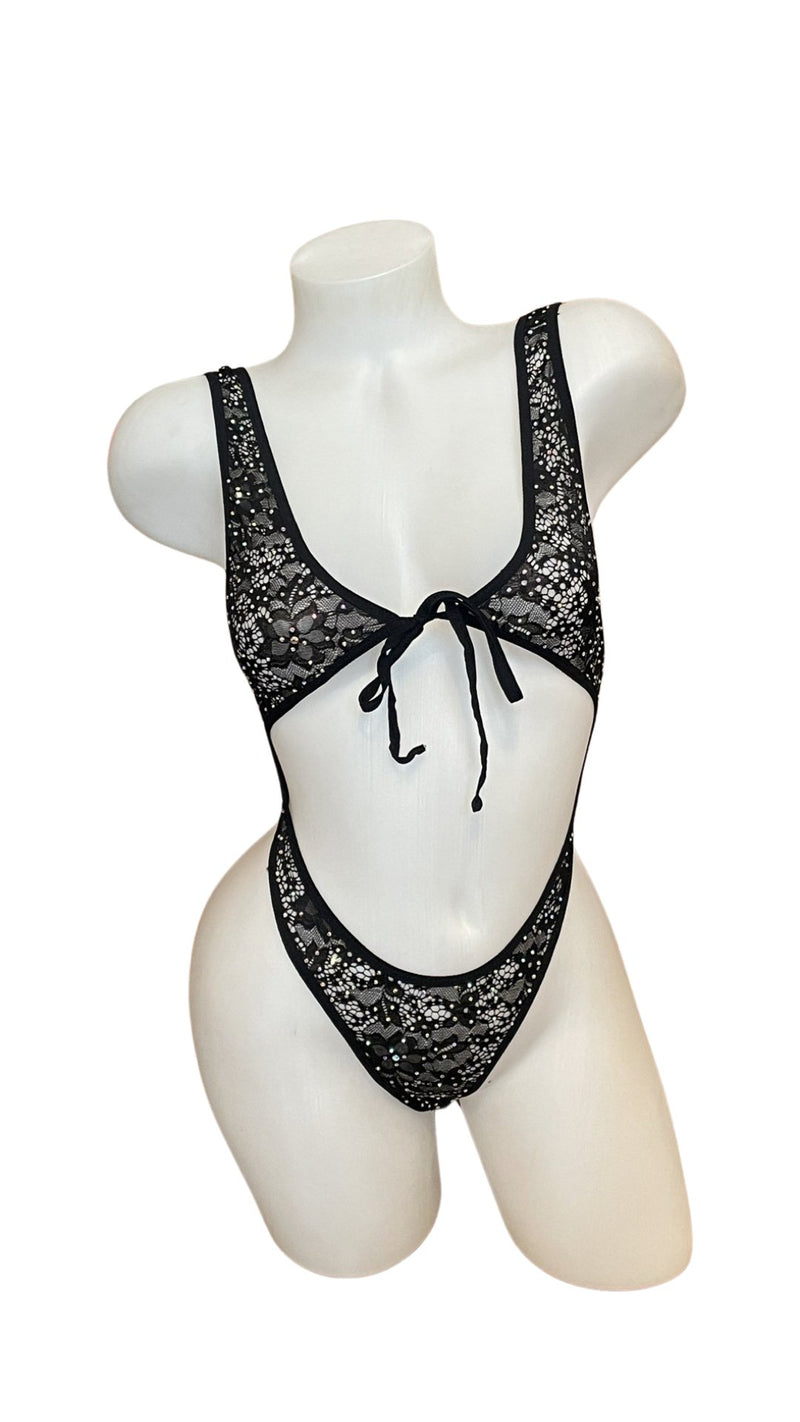 Crystal Lace Front Tie Bodysuit Black - Model Express VancouverLingerie