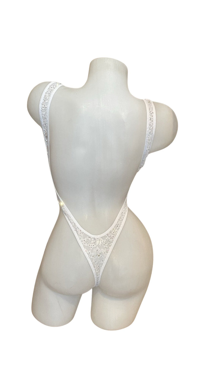 Crystal Lace Front Tie Bodysuit White - Model Express VancouverLingerie