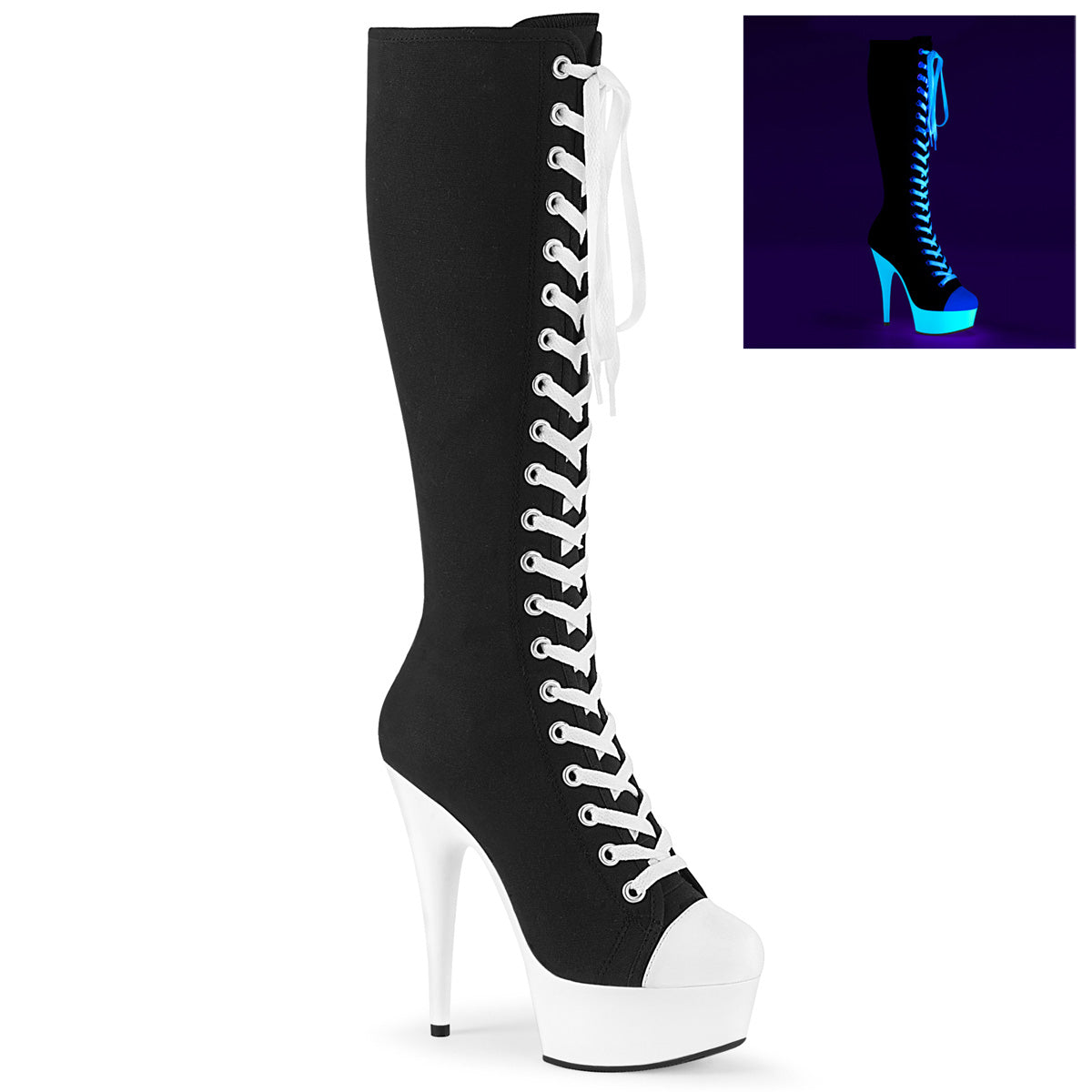 Pleasers Delight-2000Sk-02 - Blk Canvas-White Faux Leather/Neon White