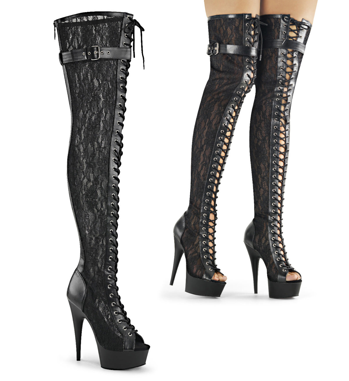 Pleasers Delight-3025Ml - Blk Faux Leather-Mesh-Lace/Blk Matte