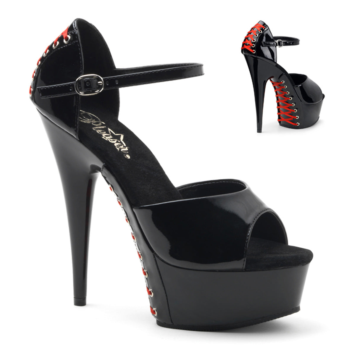 Pleasers Delight-660Fh - Blk Pat/Blk (Red Lace)