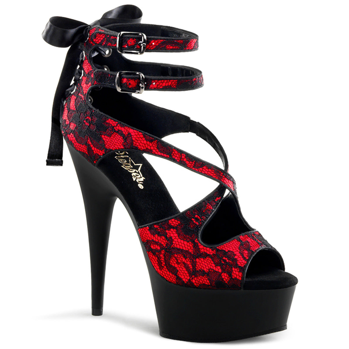 Pleasers Delight-678Lc - Red Satin-Lace/Blk Matte