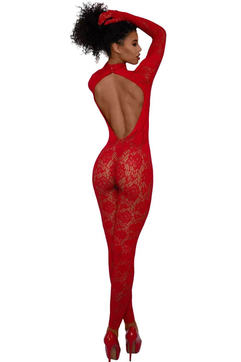 Floral Long Sleeved Gloved Bodystocking Red