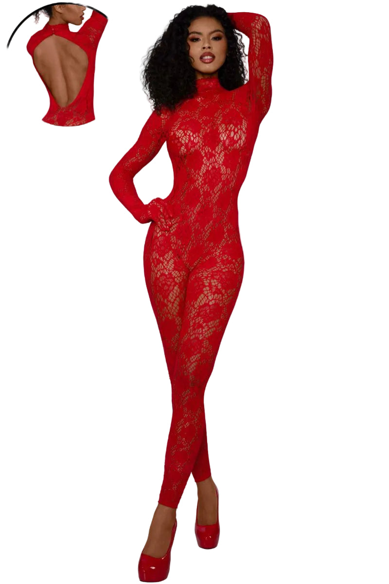 Floral Long Sleeved Gloved Bodystocking Red
