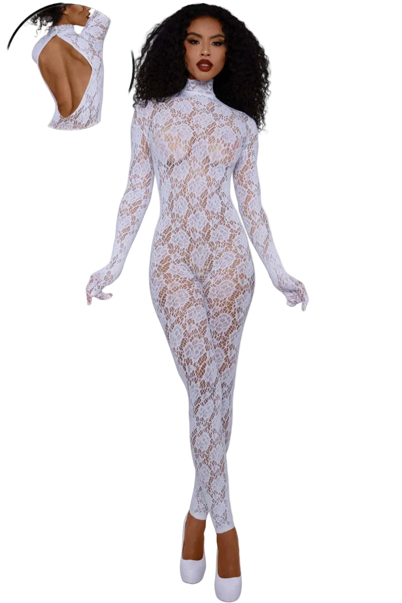 Floral Long Sleeved Gloved Bodystocking White