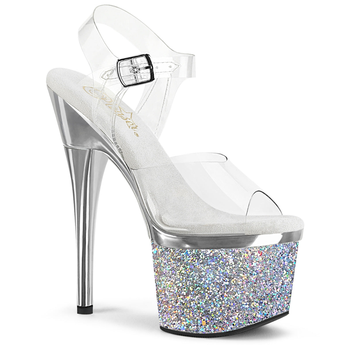 Pleasers Esteem-708Chlg - Clr/Slv Chrome-Multi Glitter