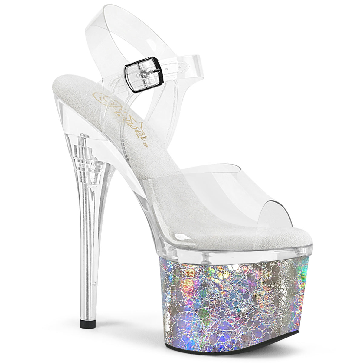 Pleasers Esteem-708Ck - Clr/Clr-Slv Holo Crackle