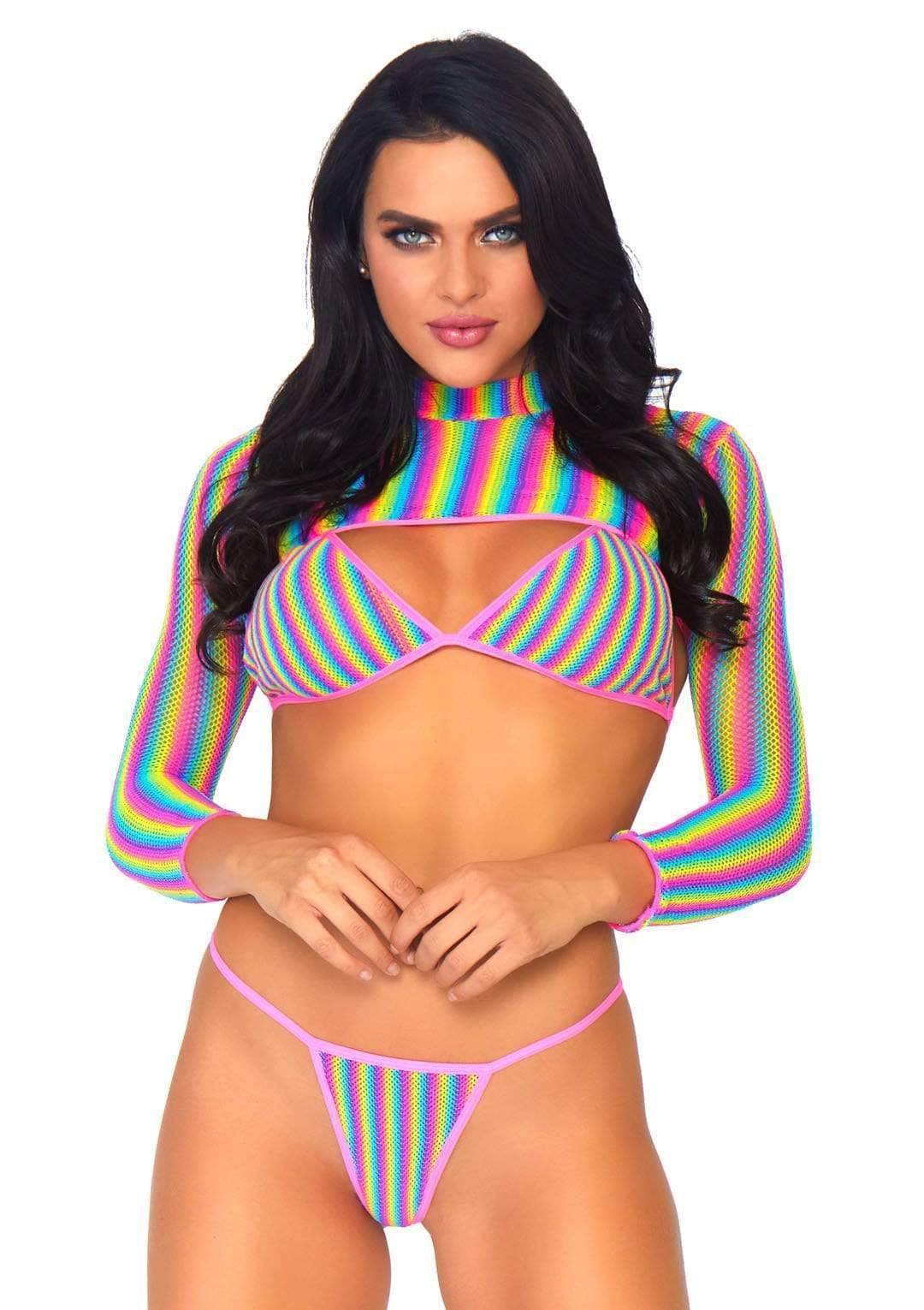 Fishnet Bikini Top, G-String, Long-Sleeve Top Rainbow - Model Express VancouverLingerie