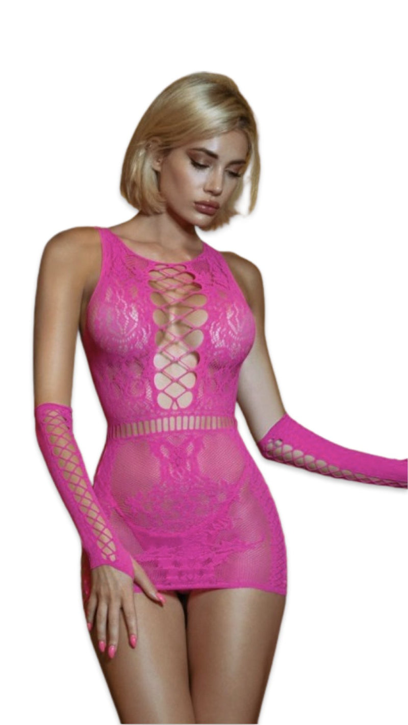 Fishnet Dress with Gloves Neon Pink - Model Express VancouverLingerie