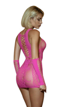 Fishnet Dress with Gloves Neon Pink - Model Express VancouverLingerie