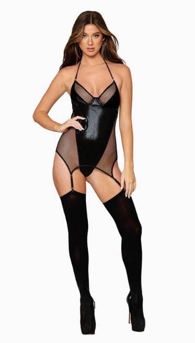 Fishnet Garter Slip and Vinyl Bodysuit Set - Model Express VancouverLingerie