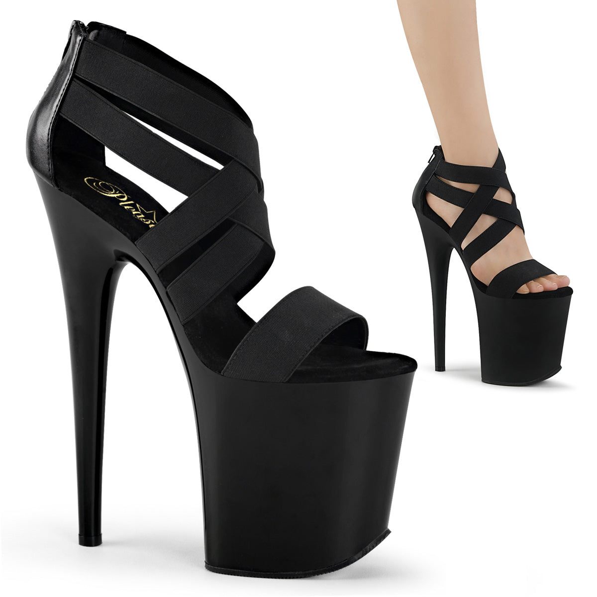Pleasers Flamingo-869 - Blk Elastic Band-Faux Leather/Blk Matte
