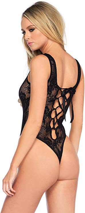 Floral Lace High Cut Thong Teddy Black - Model Express VancouverLingerie