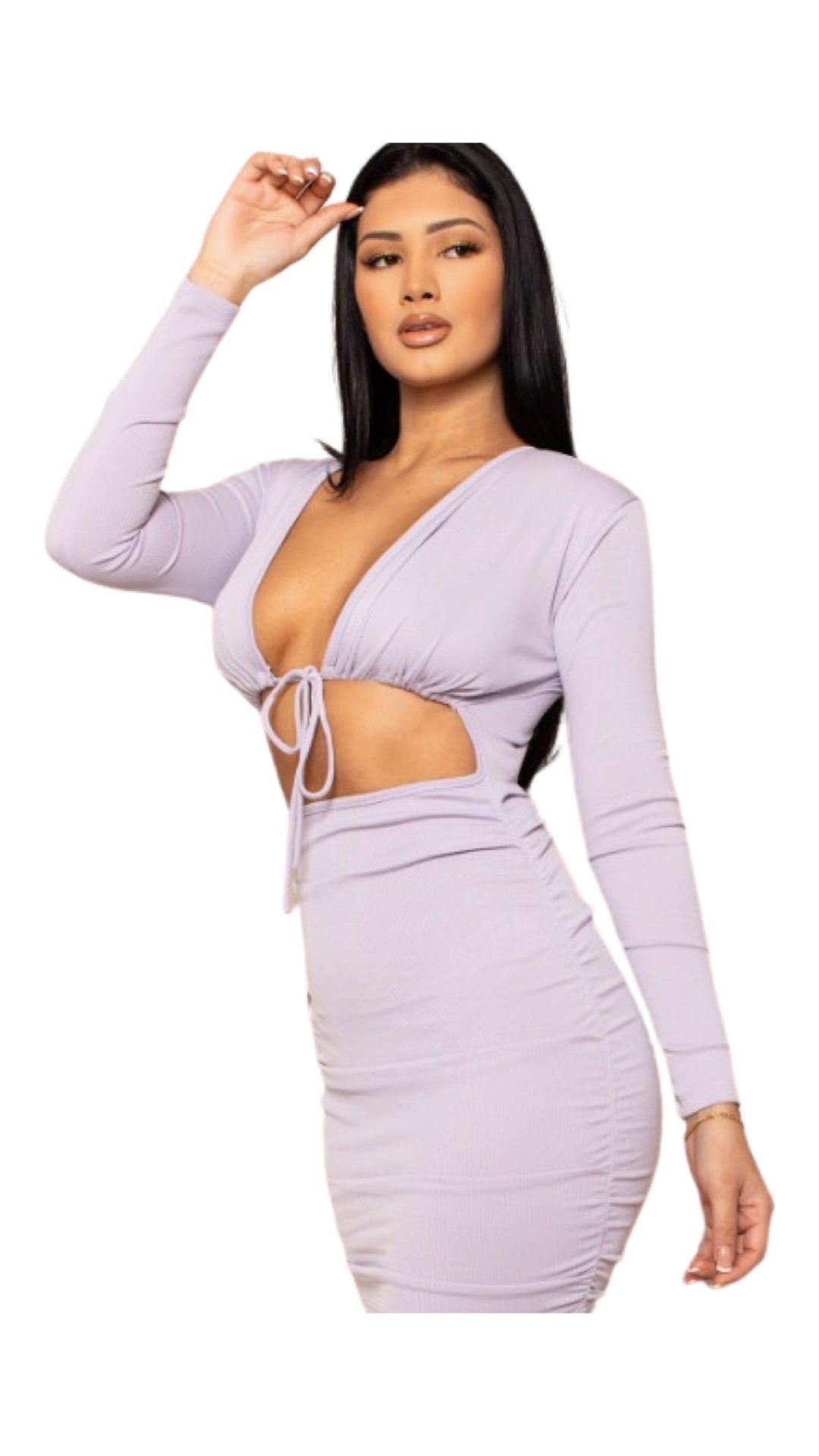 Front Tie Long Sleeve Dress Lilac - Model Express VancouverClothing