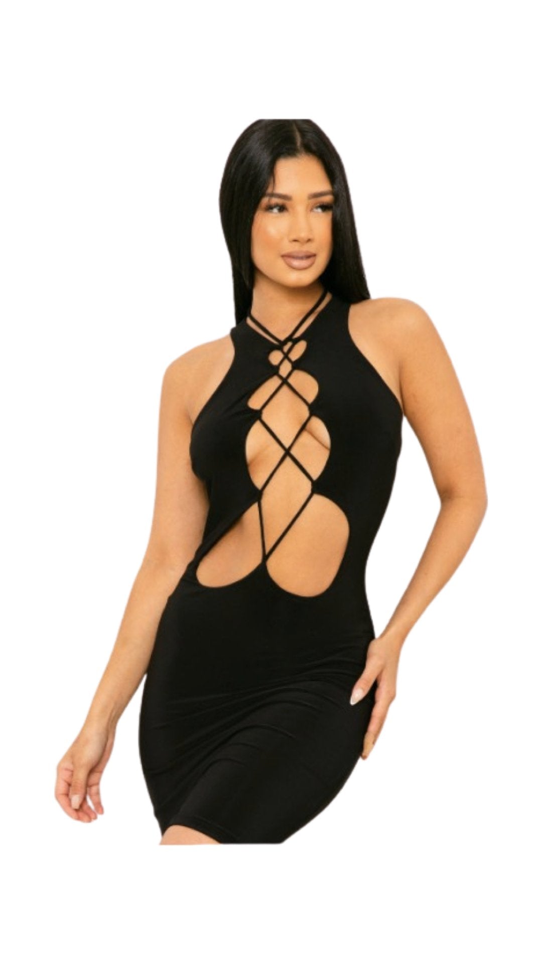 Front Tie Up Bodycon Dress Black - Model Express VancouverClothing