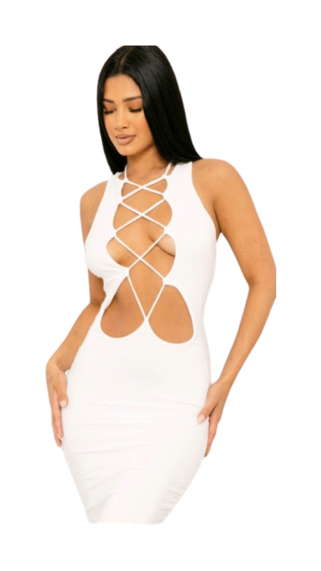 Front Tie Up Bodycon Dress White - Model Express VancouverClothing