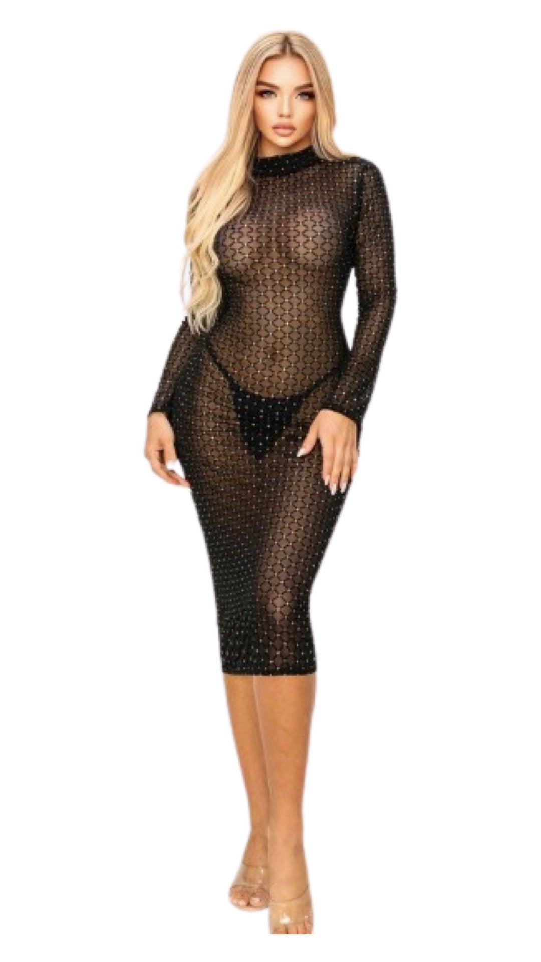 Glitter Long Sleeve Sheer Dress Black - Model Express Vancouver