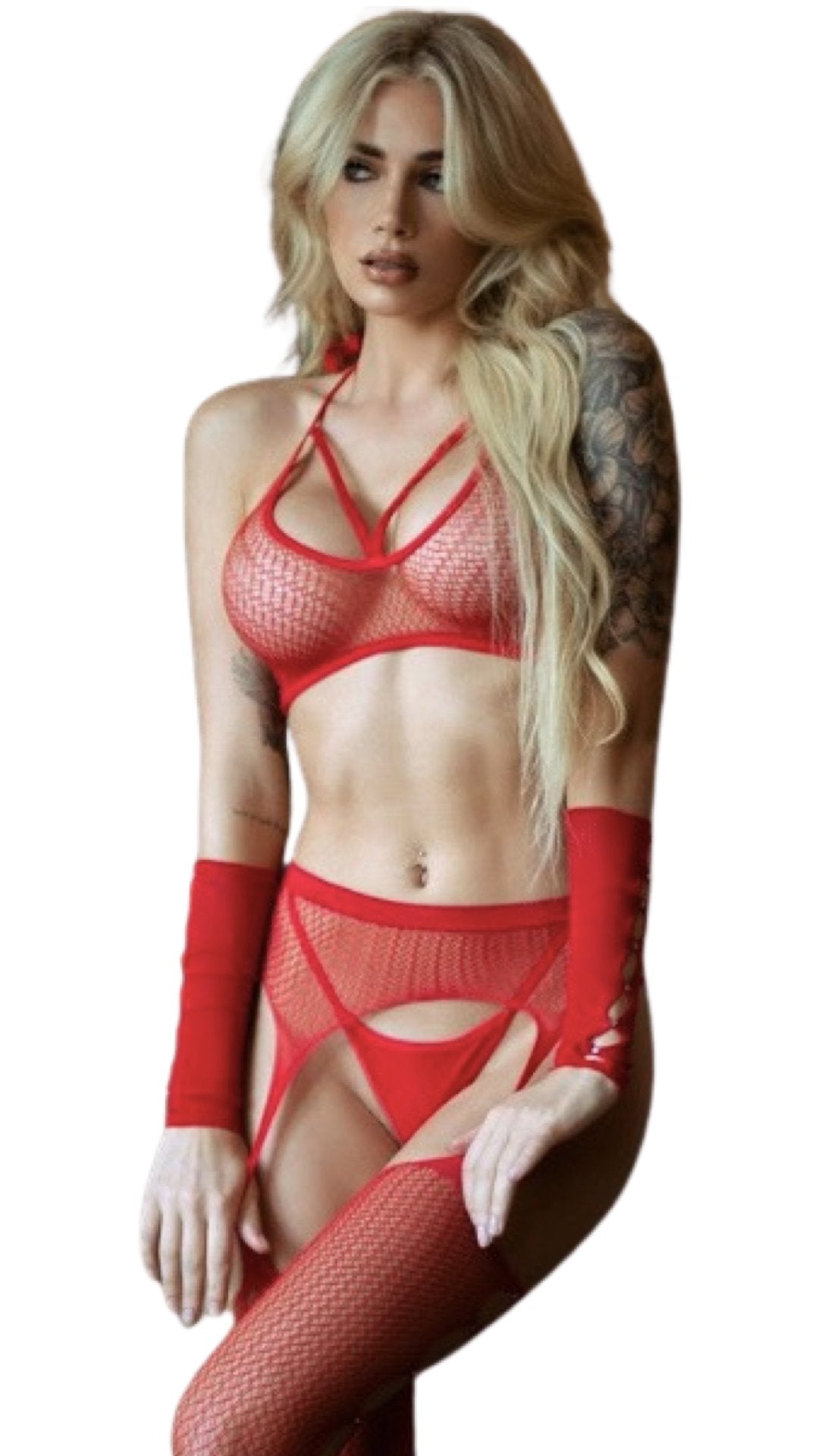 Halter Neck Bodystocking with Gloves Red - Model Express VancouverLingerie