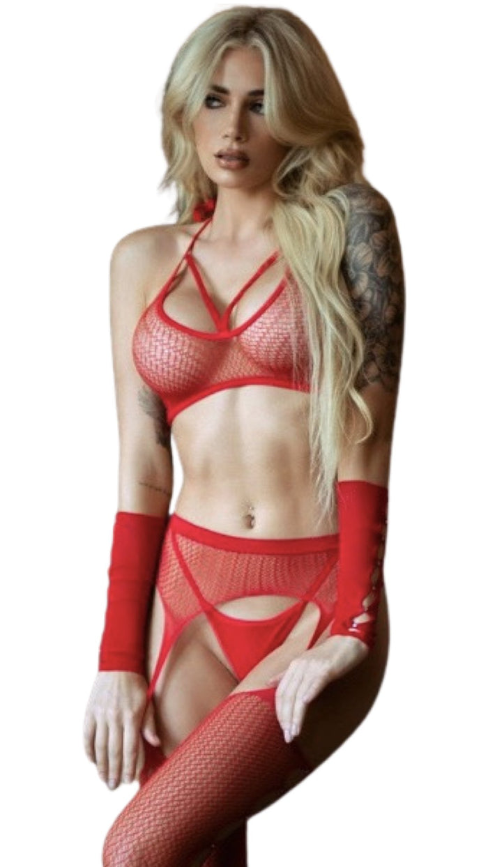 Halter Neck Bodystocking with Gloves Red - Model Express VancouverLingerie