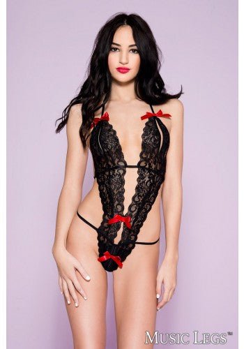Halter Neck Lace Teddy with Red Ribbons Black/Red - Model Express VancouverLingerie