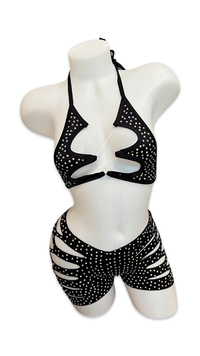 Rhinestone Halter Top and Cut Out Short Set Black
