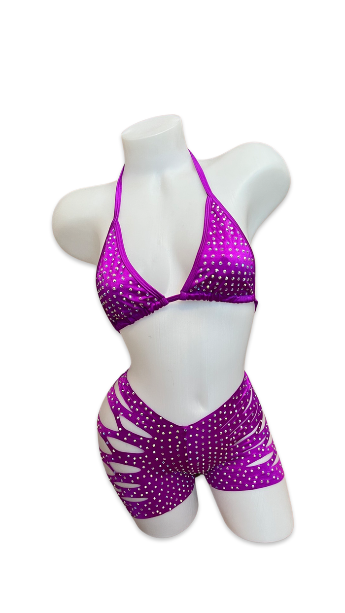Rhinestone Triangle Top and Cut Out Short Set Magenta
