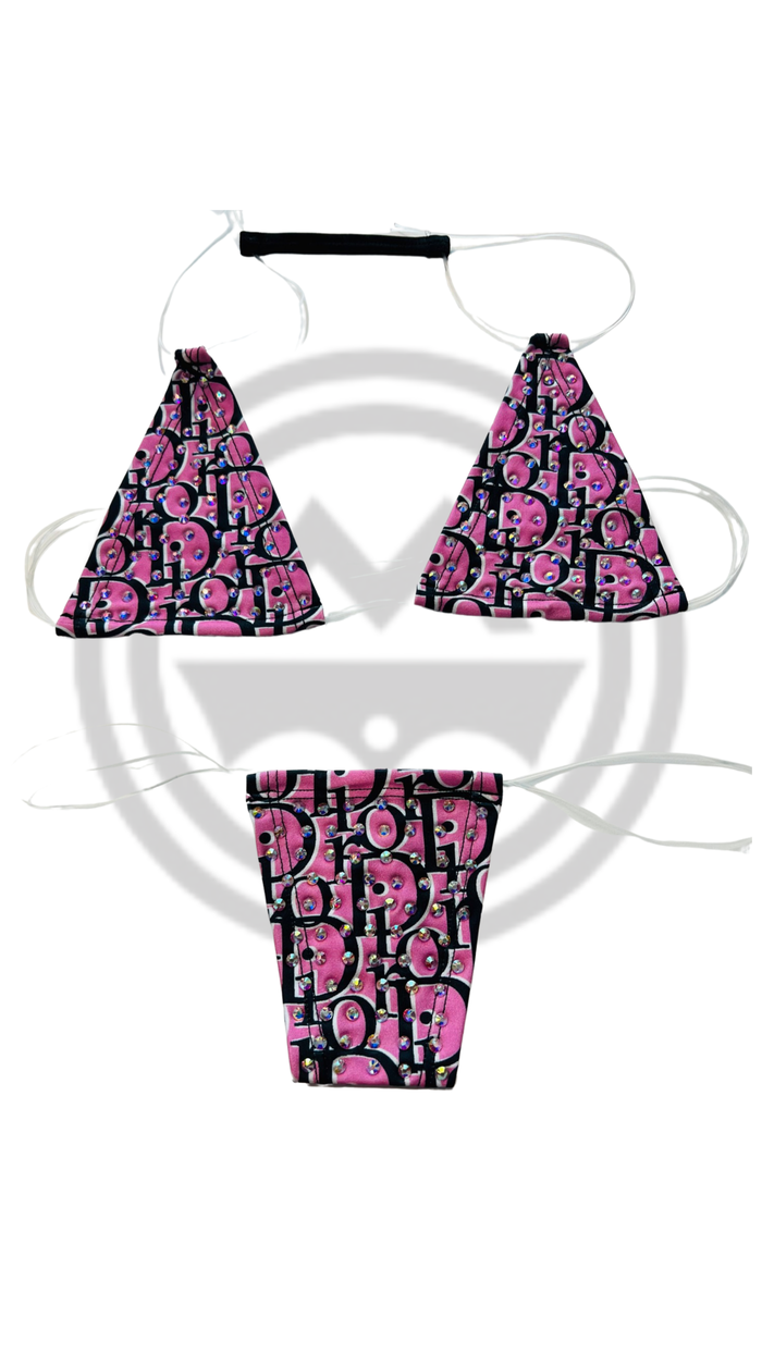 Rhinestone Micro Bikini - Design Black/Pink