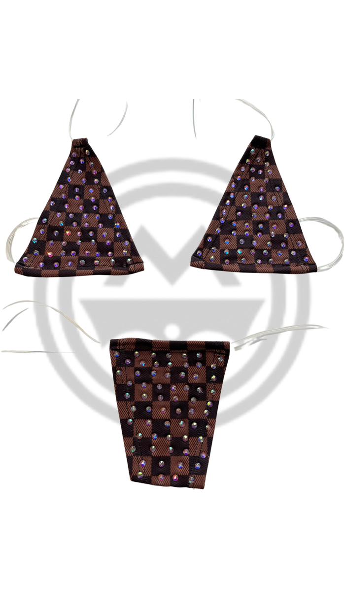 Rhinestone Micro Bikini - Brown Checker