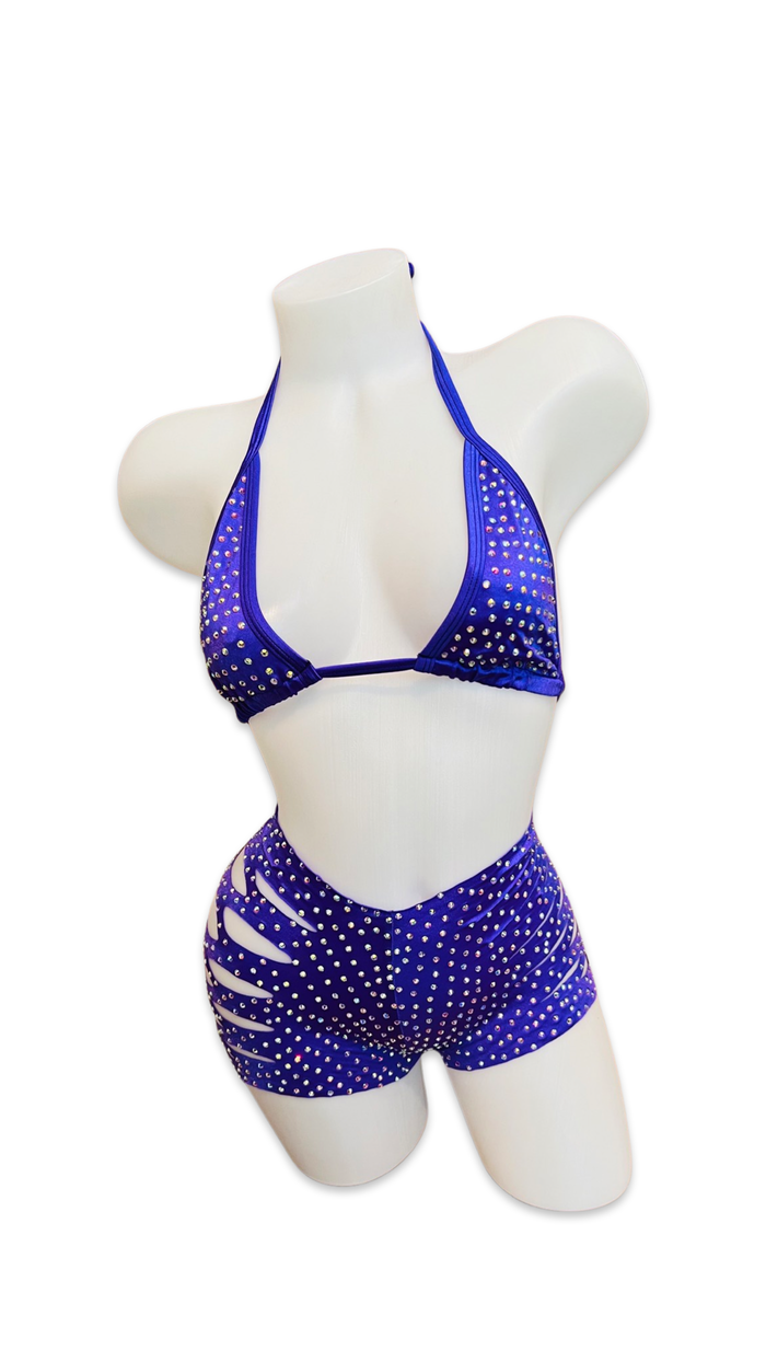 Rhinestone Triangle Top and Cut Out Short Set Purple