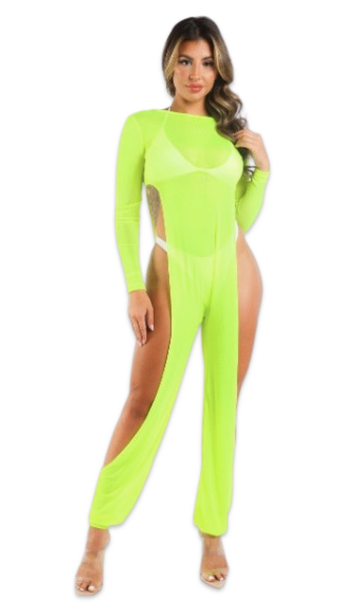 Mesh Coverup Jumpsuit Neon Yellow