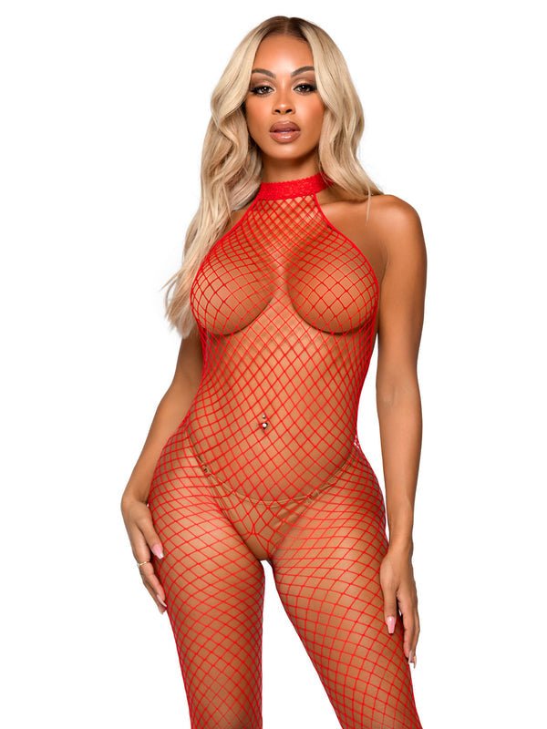 Industrial Net Racer Neck Backless Bodystocking Red - Model Express VancouverLingerie