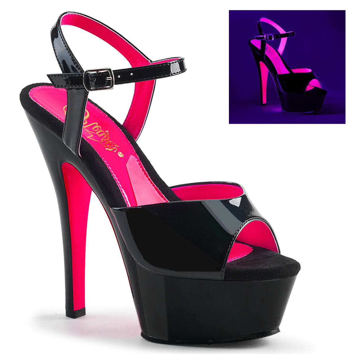 Pleasers Kiss-209Tt - Blk Pat/Blk-Neon H. Pink