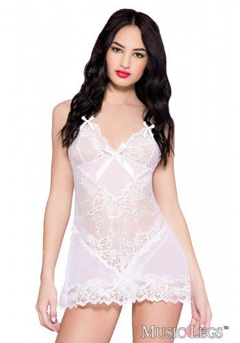 Lace and Mesh Baby Doll with Ribbon White - Model Express VancouverLingerie