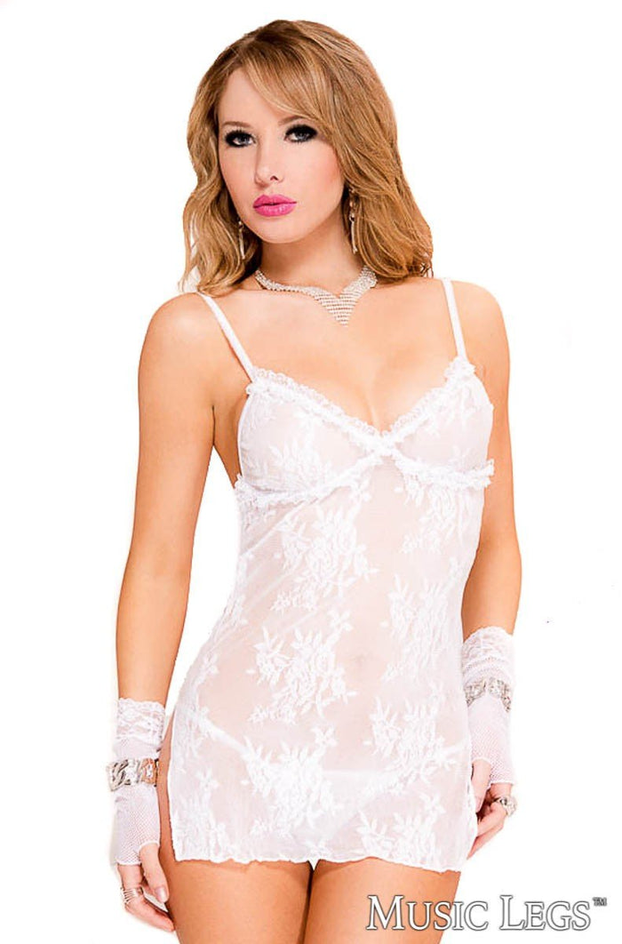 Lace Chemise with G-String White - Model Express VancouverLingerie