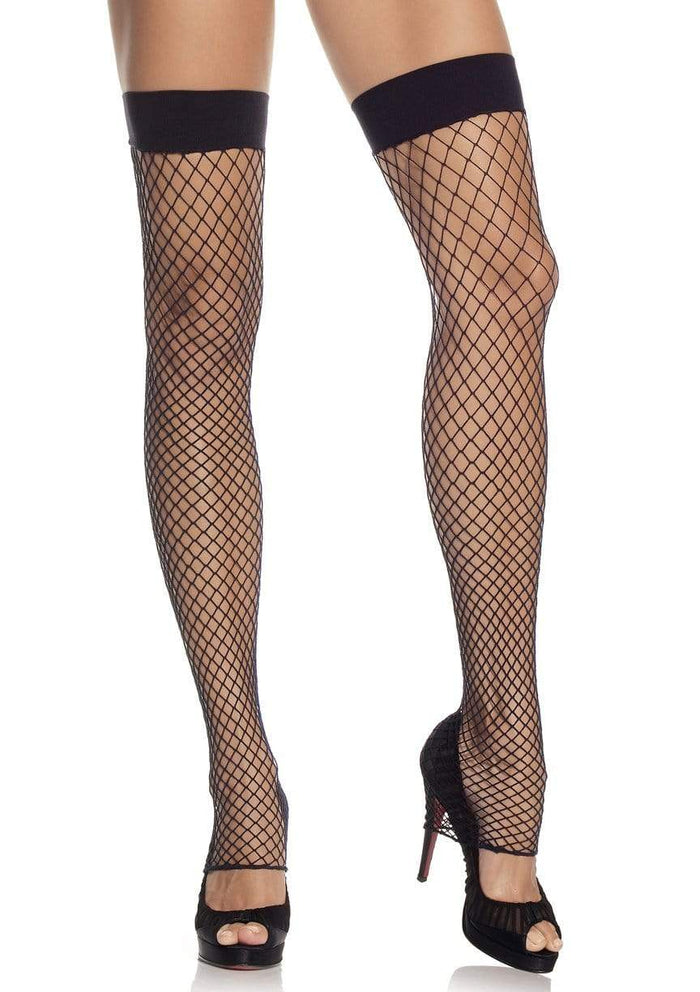 Black industrial net footless thigh high hosiery by LA, featuring a bold, open-knit design that covers the legs up to the thighs.