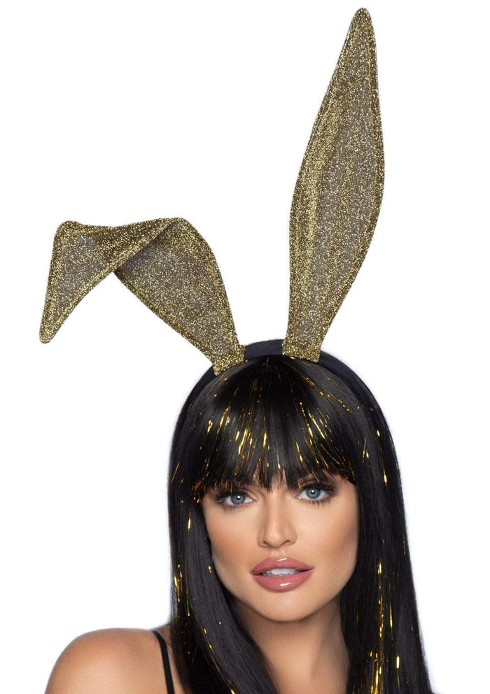 Gold glitter bunny ear headband from LA accessories collection, featuring shiny bunny ears on a flexible band.