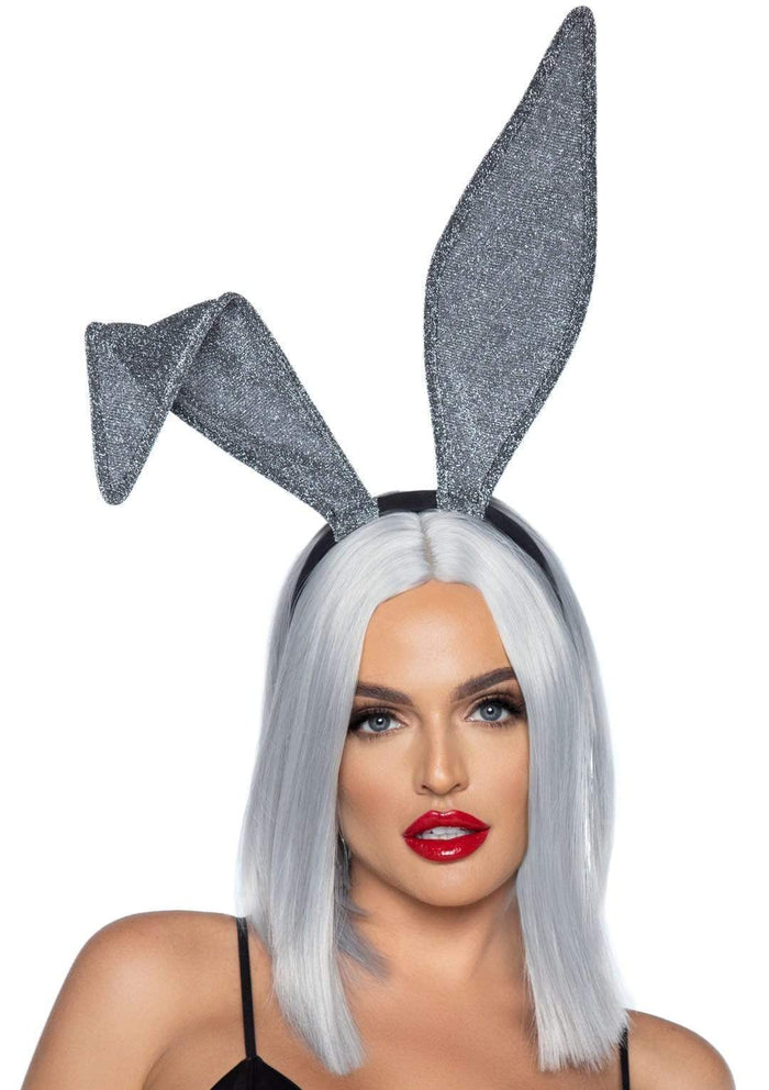 Silver Glitter Bunny Headband by LA featuring shiny bunny ears on a flexible accessory band.