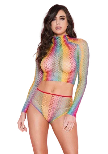 Long Sleeve Fishnet Top and High Waisted Panty Rainbow - Model Express VancouverLingerie