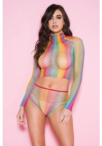 Long Sleeve Fishnet Top and High Waisted Panty Rainbow - Model Express VancouverLingerie