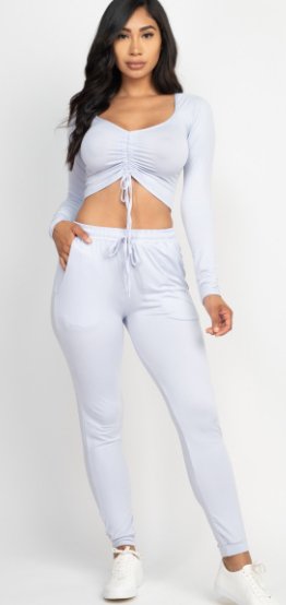 Long Sleeve Ruched Top and Pants Grey Blue - Model Express VancouverClothing