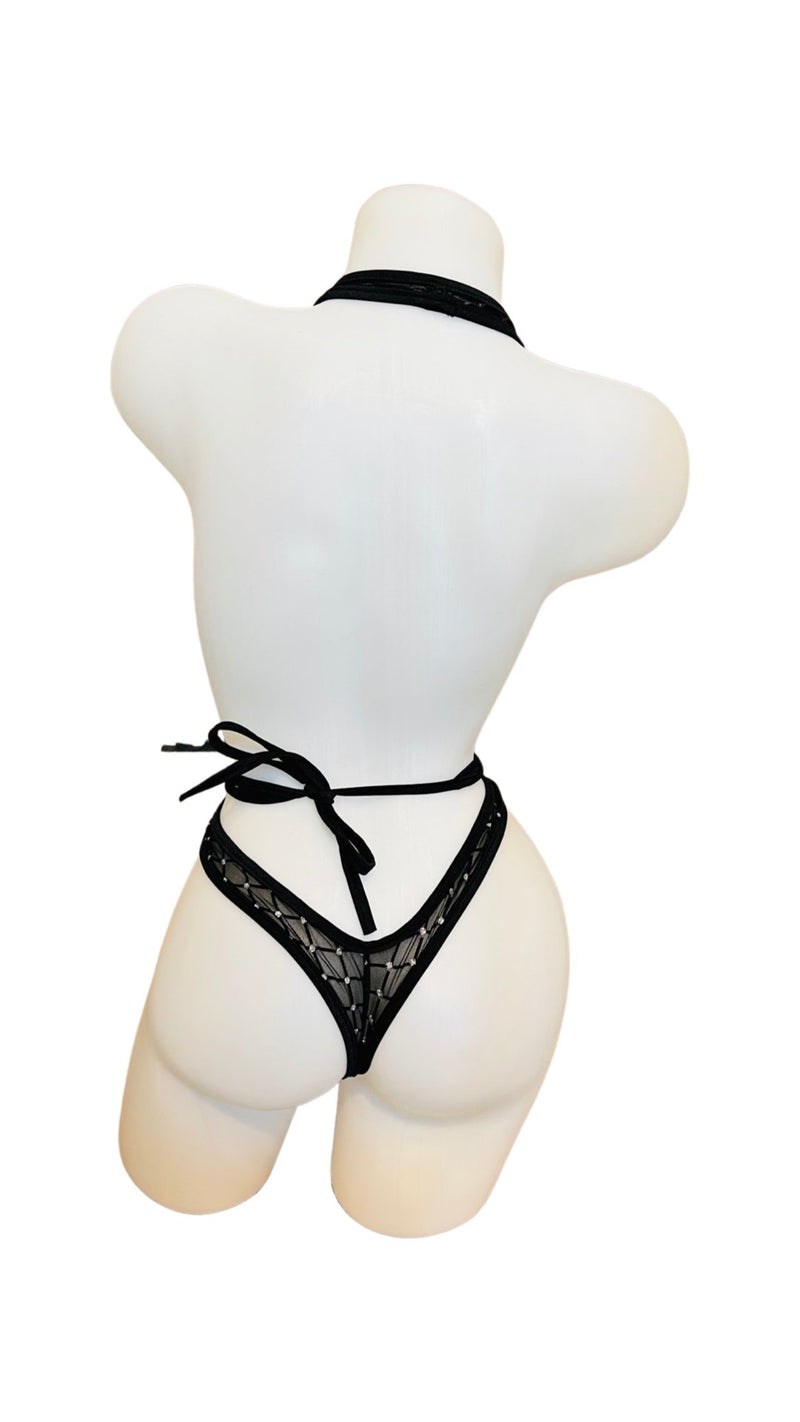 Mesh and Velvet Wrap with Dots Black - Model Express VancouverLingerie
