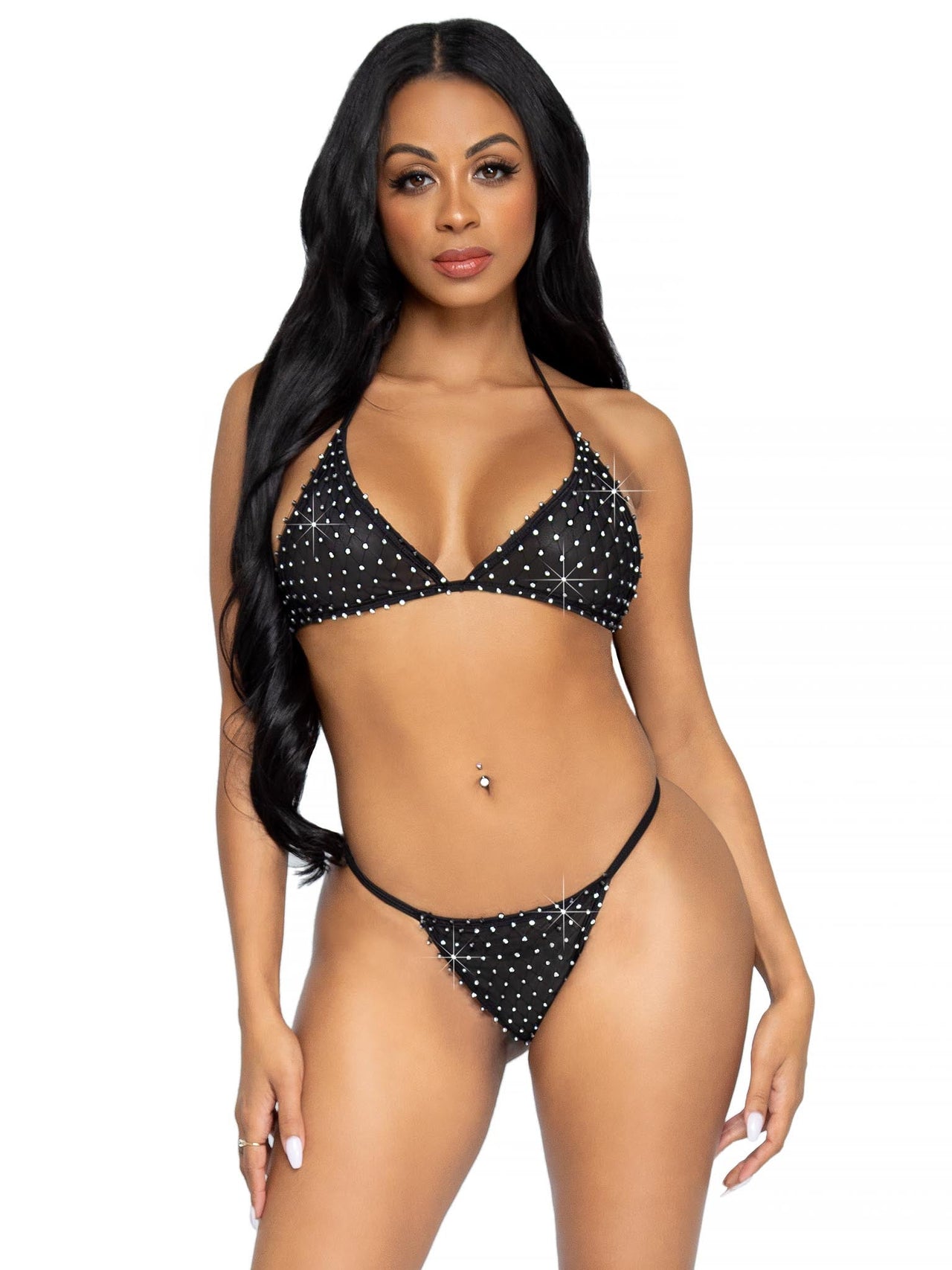 Mesh Rhinestone Bikini with Fishnet Overlay Black - Model Express VancouverLingerie